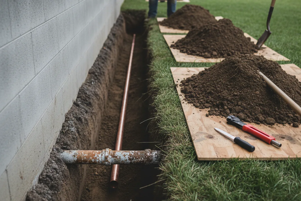 Excavated water line trench during Water Softener Installation in New Meadows